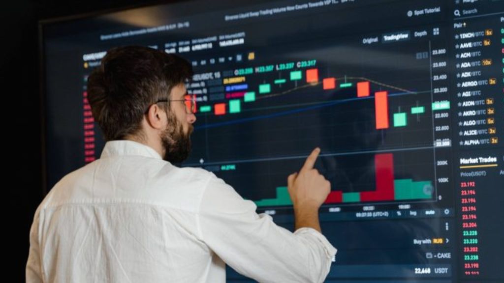 یک نفر در حال اشاره کردن به یک چارت رمز ارزی