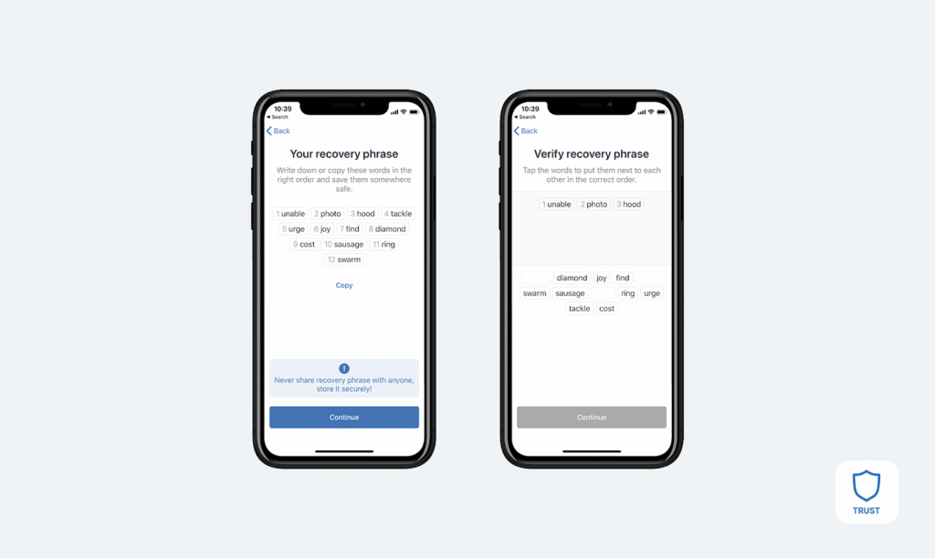 تصویر دو گوشی همراه که برای نصب تراست ولت و انتقال ارز دیجیتال کیک عبارت امنیتی میخواهد.