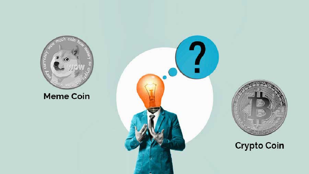 تصویر یک مرد کت شلواری با سر چراغی به همراه علامت سوال در کنار دو ارز دیجیتال