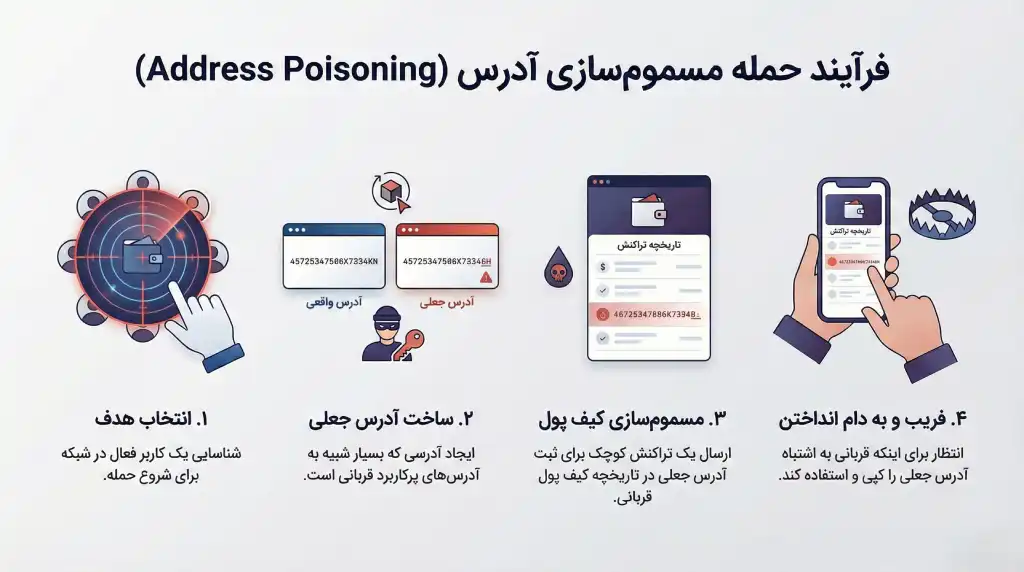 اینفوگرافیک مراحل حمله مسمومسازی آدرس یا Address Poisoning در کیف پول ارز دیجیتال