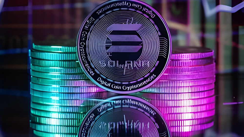 یک کوین سولانا در وسط چندین کوین در اطراف آن.