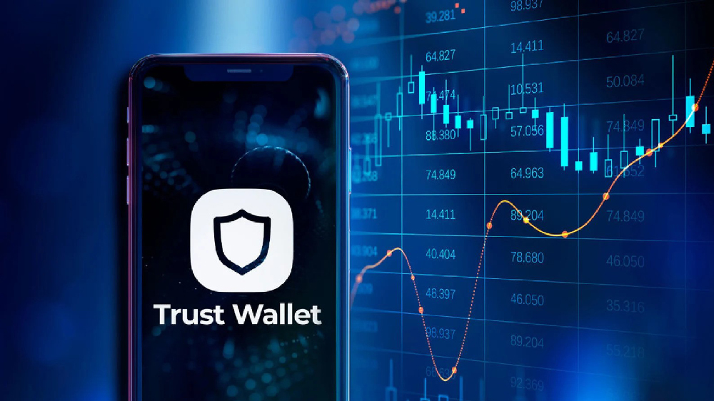 تصویر گوشی موبایل با برند تراست ولت با پس زمینه چارت و نمودار آبی رنگ