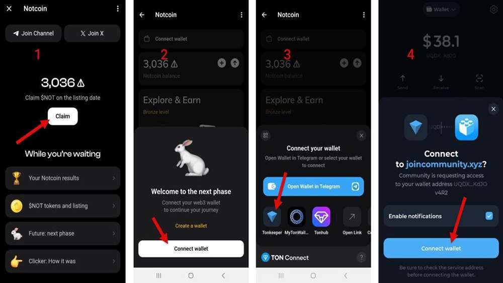 تصویری از مراحل اتصال کیف پول به ربات تلگرامی Notcoin برای استیک نات کوین