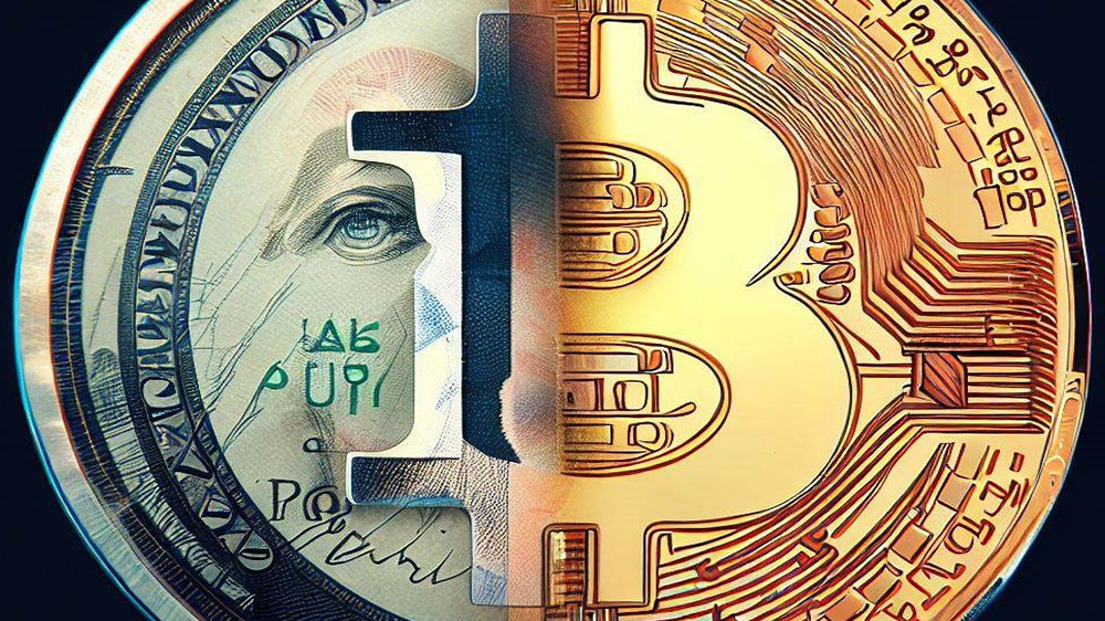 دو نیمه چهره بیت کوین که یکی دلار است و یکی دیگر BTC