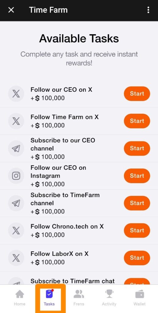 تصویری از صفحه تسکهای بازی تلگرام تایم فارم