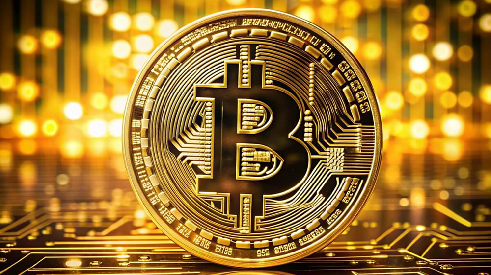 توکن بیت کوین در فضایی طلایی رنگ