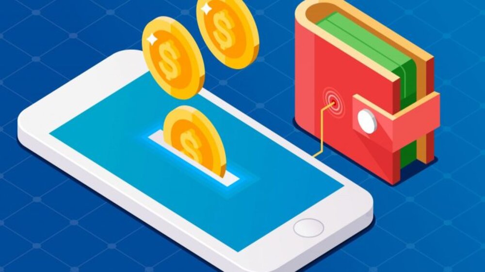 عکس یک کیف پول و یک تلفن همراه که سکهها از کیف پول در حال منتقل شدن به تلفن همراه است.