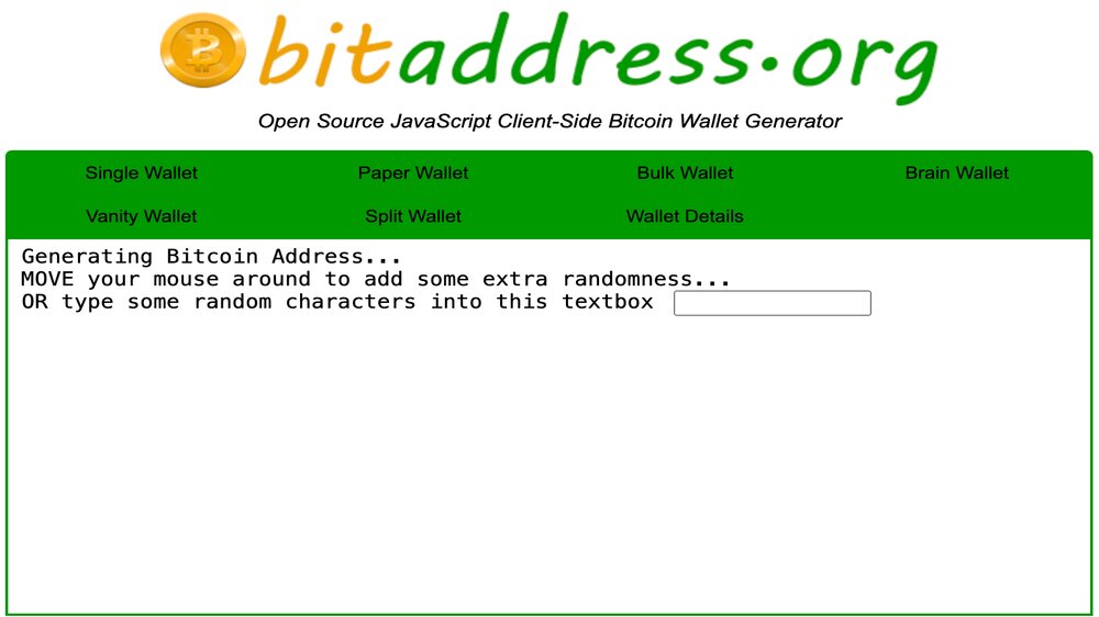تصویر سایت BitAddress.org که در وسط آن نوشتههای انگلیسی و یک کادر وجود دارد.