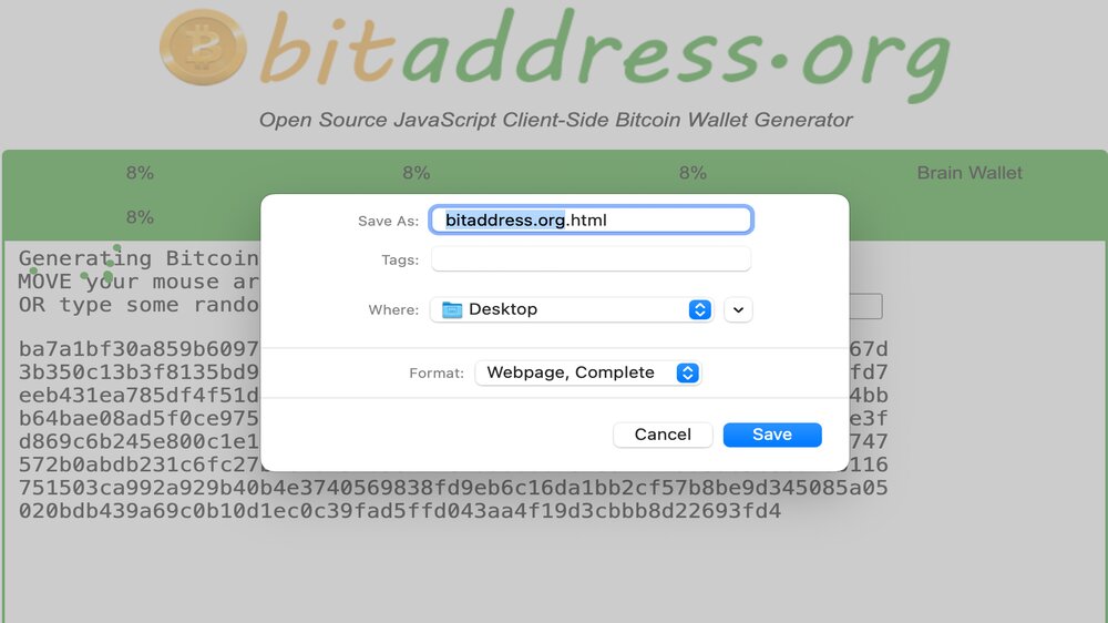 تصویر سایت BitAddress.org که در آن یک کادر برای ذخیره فایل HTML باز شده است.