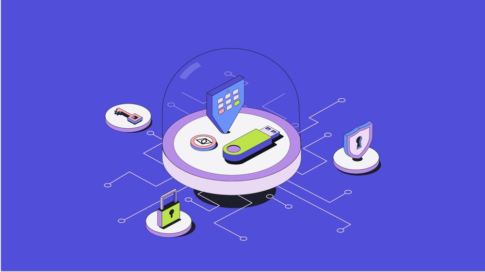 تصویری با پسزمینه آبی که یک USB در وسط آن قرار دارد و اطراف آن المانهای امنیتی مانند قفل و کلید کشیده شده است.