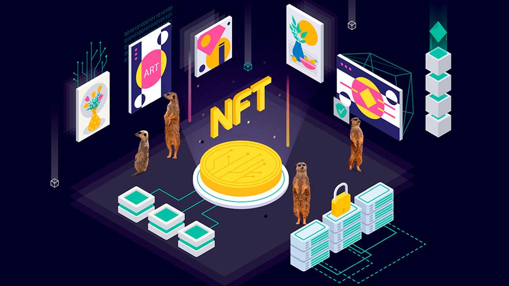 چند میرکت که در فضای یک گالری دیجیتال به آثارهنری NFT شده نگاه میکنند