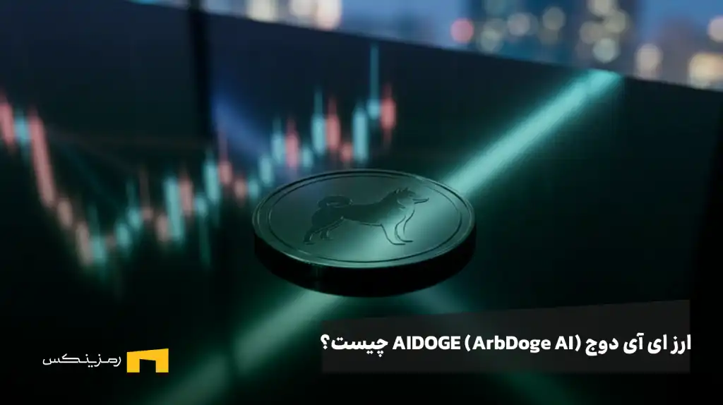 ارز ای آی دوج (AIDOGE) زیر نور شبکه آربیتروم در کنار انعکاس نمودارهای شمعی نوسانی بازار کریپتو.