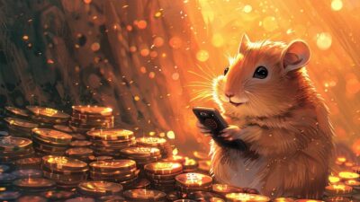 یک همستر در حال بازی با سکههای همستر کامبت در موبایل