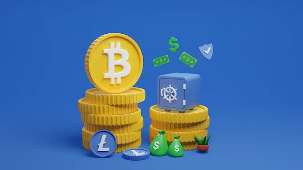 یک بیتکوین در کنار یک گاوصندوق