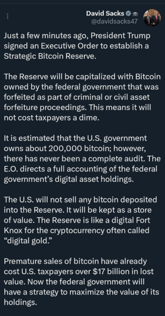 پست دیوید ساکس در ایکس در مورد ایجاد ذخایر بیت کوین و موارد مهم آن