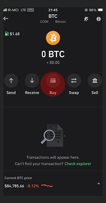 انتخاب گزینه Buy برای خرید بیت کوین