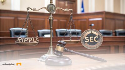 دعوای حقوقی بین ریپل و SEC، با ترازوی عدالت و چکش دادگاه در پسزمینه