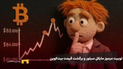 تصویر عروسکی مایکل سیلور در کنار نمودار بیت کوین
