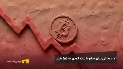 یک سکه بیت کوین گلی و ترک خورده را در حال غلتیدن روی یک نمودار خطی قرمز و شیبدار نزول