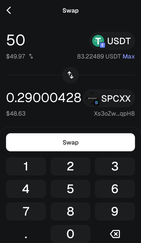 بخش سواپ به توکن اسپیس ایکس در متامسک